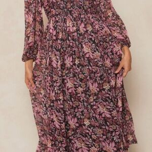 Ivy City Co Floral Long Sleeve Dress in Pink and Black